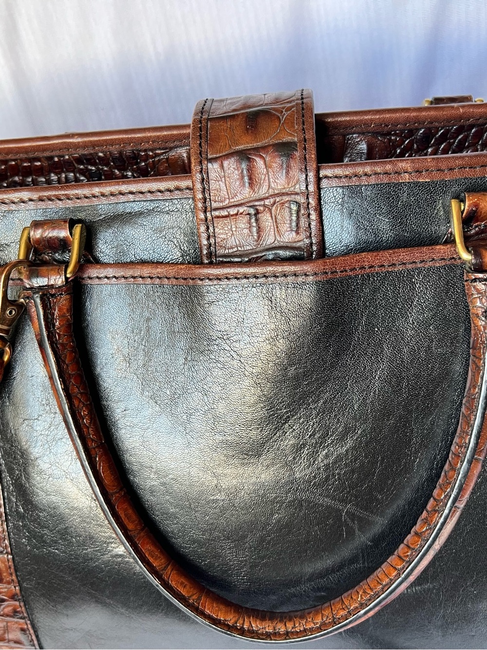 Vintage Brahmin Tuscan Addison Satchel Bag Black & Croc Leather (Excellent) - Picture 10 of 16